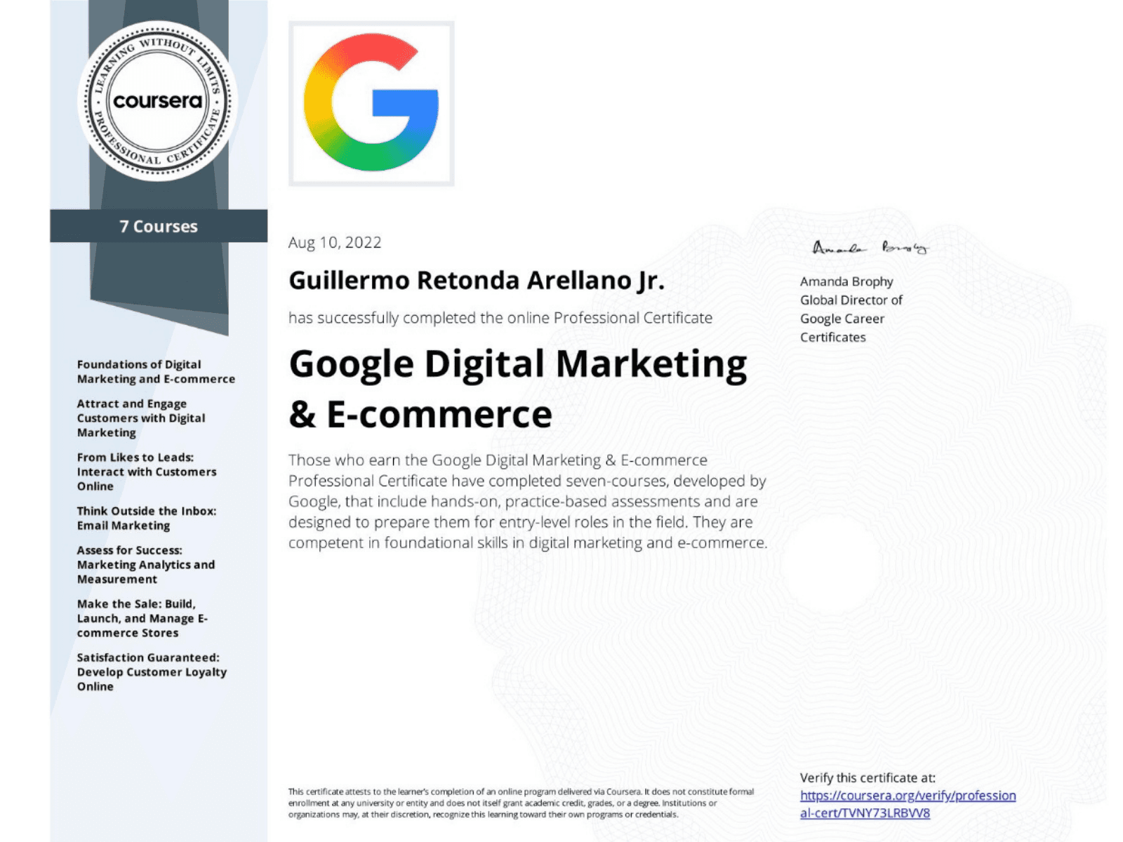 Google Digital Marketing & E-commerce Professional certificate