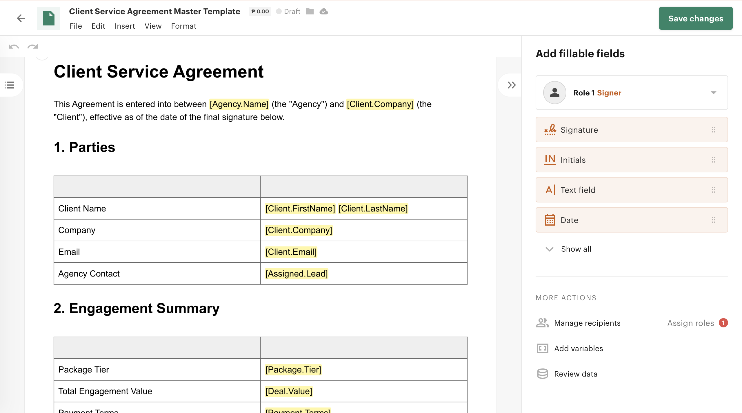 Reusable contract template with tokens and metadata