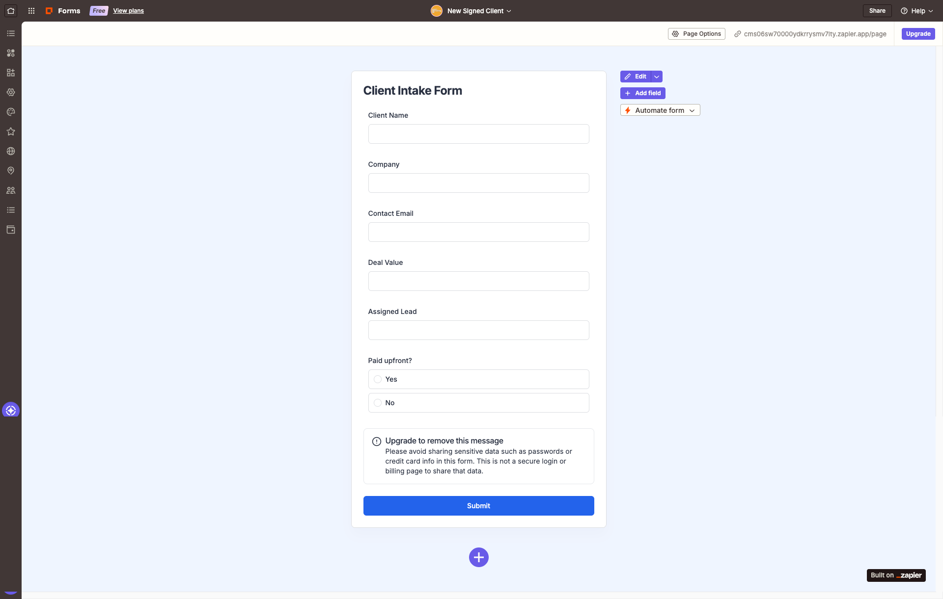 Intake form that starts the onboarding