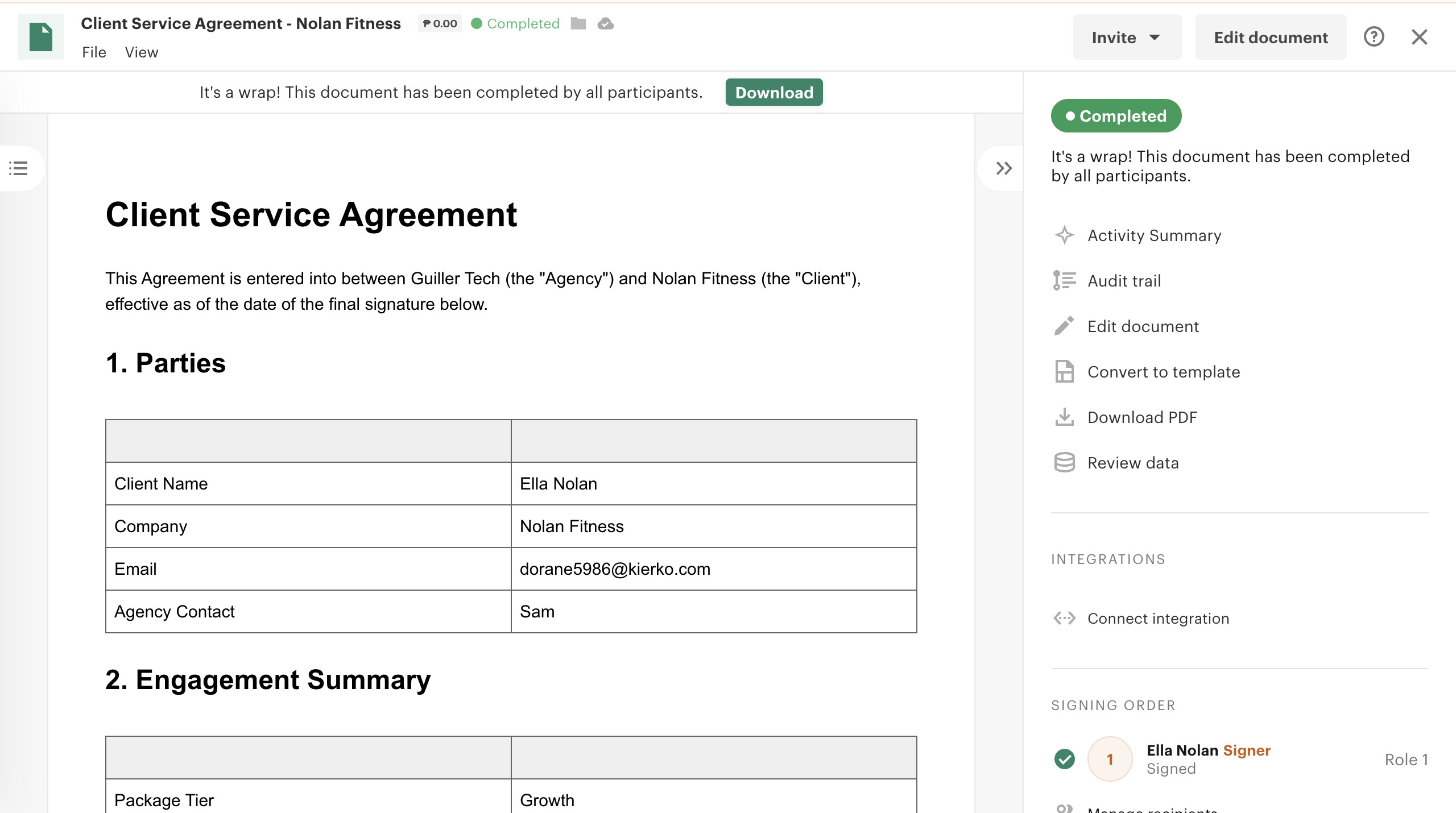 Client Service Agreement · signed and completed