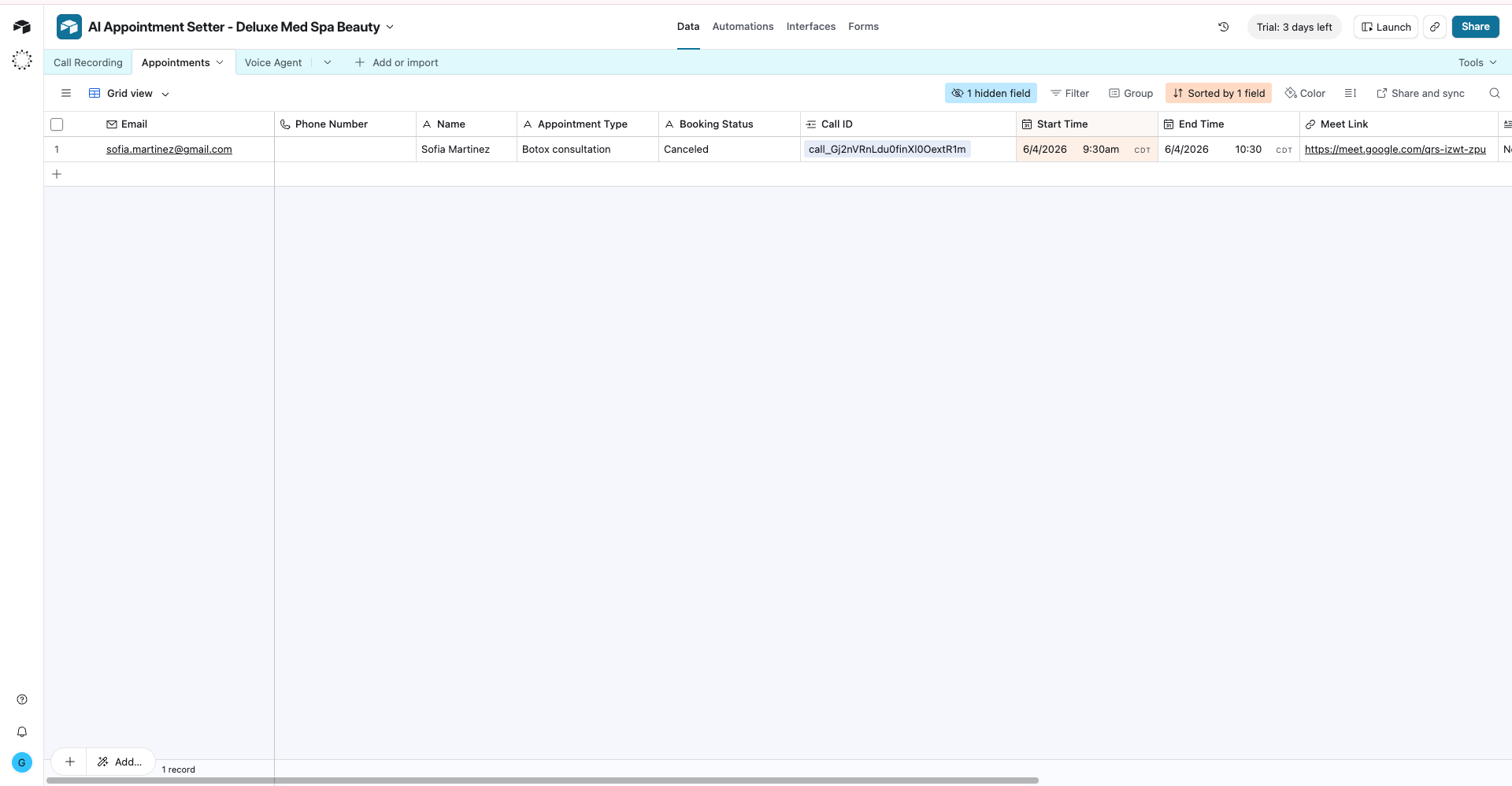 The Airtable Appointment Log: every booking, reschedule, and cancellation in one table.