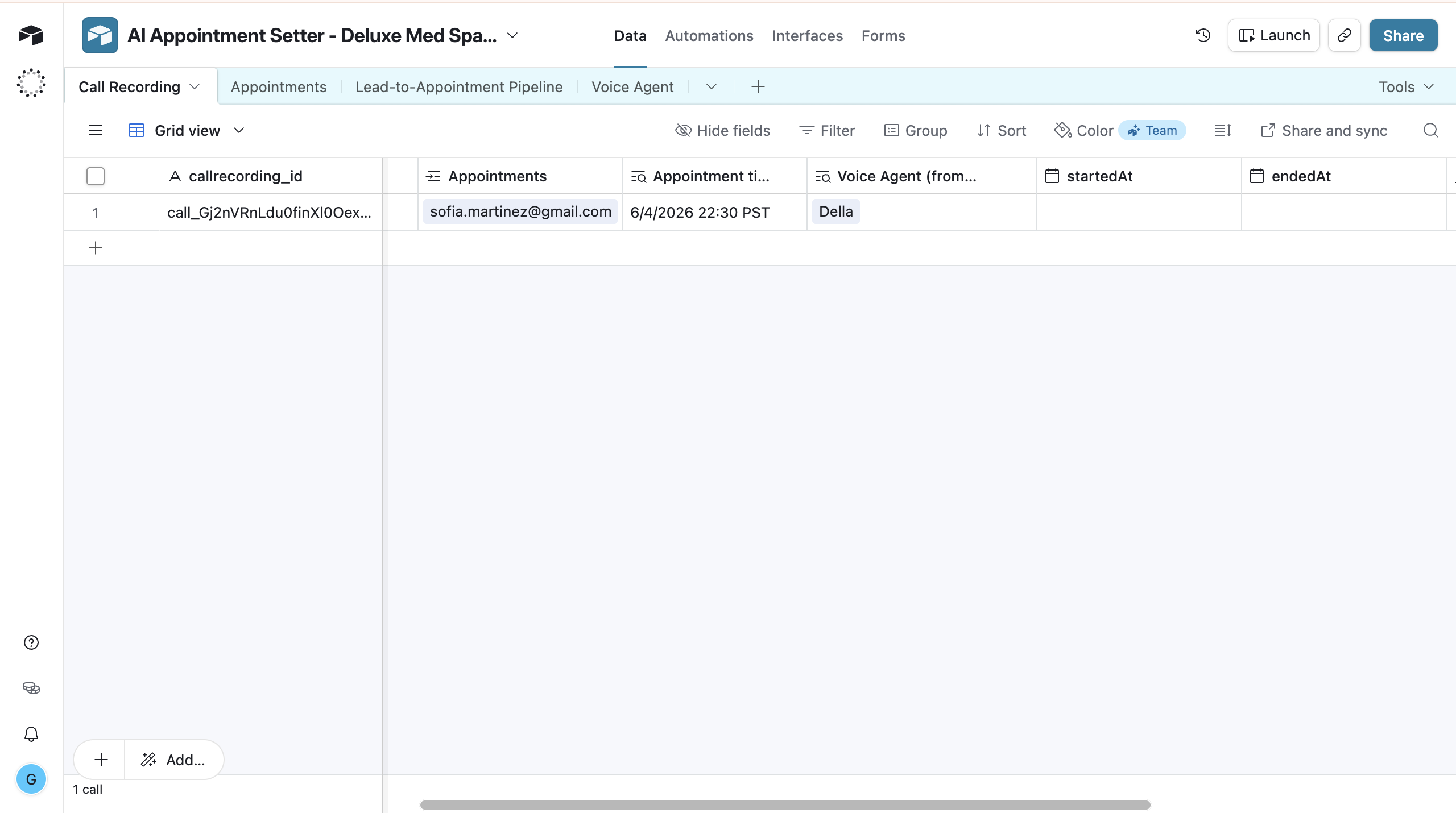 The Airtable Call Log: every inbound call, its outcome, and a summary, written automatically.