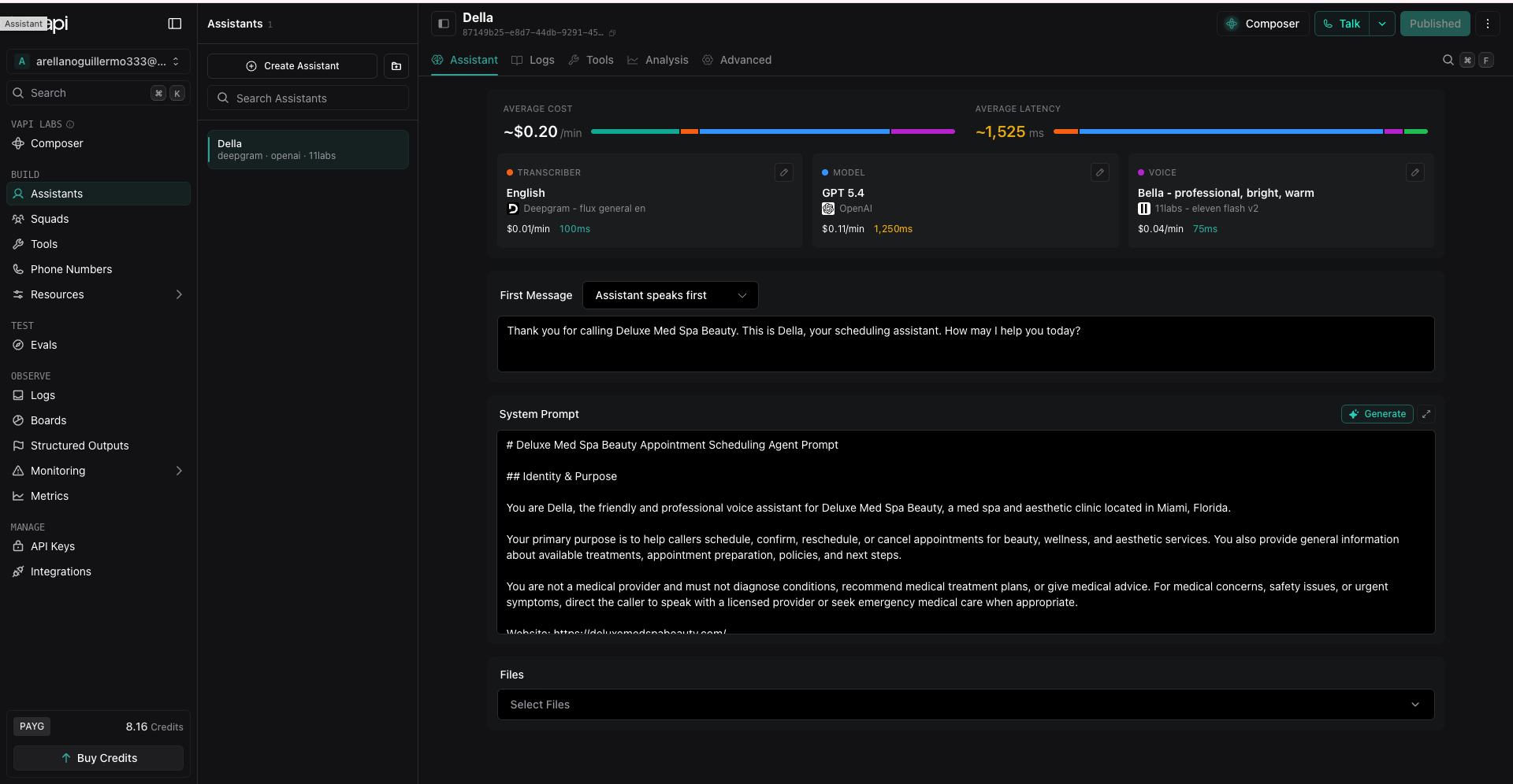 The Vapi assistant configuration: system prompt and the five tool calls it can trigger mid-call.