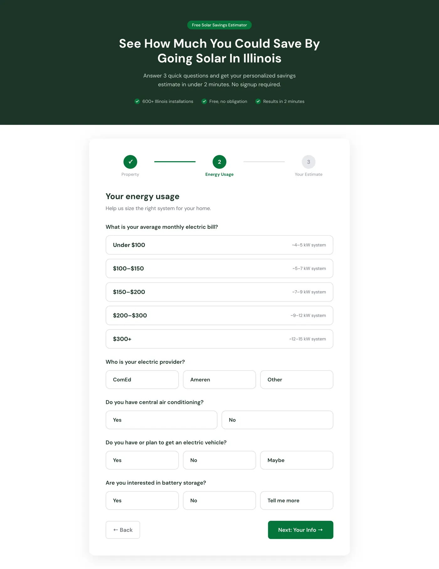 Interactive 3-step estimator with live savings results